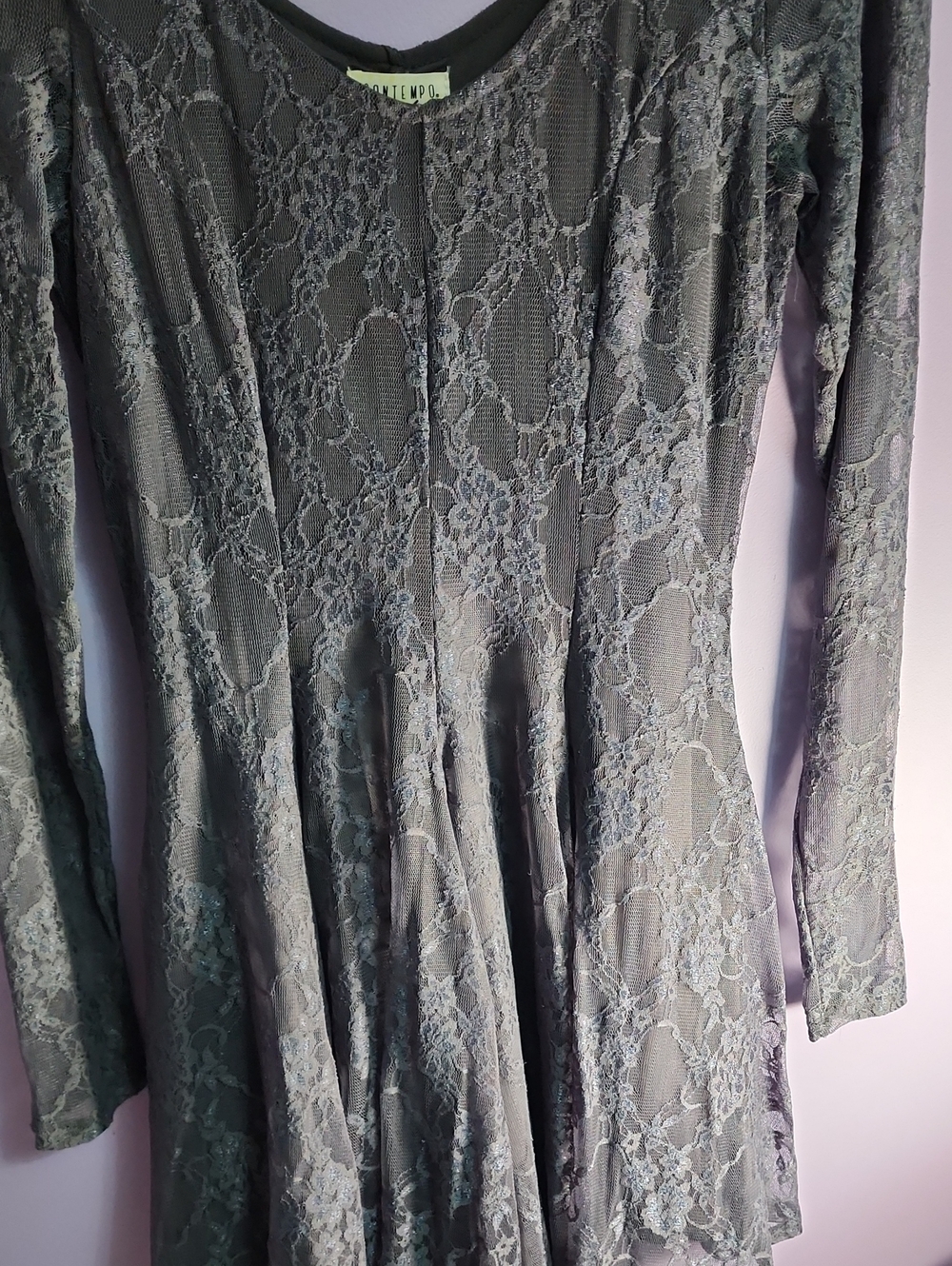 Blue Lace Fit & Flare Long Sleeve Dress